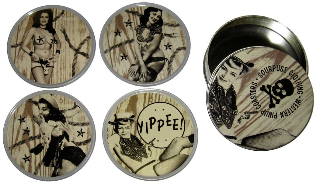 Square Deal Recordings & Supplies - Coaster - Sourpuss - Western Pin - Up Girls - Set Of Four - The Oddity Den