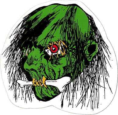 Square Deal Recordings & Supplies - Sticker - Skull - Shrunken Head With Bone In Mouth - The Oddity Den