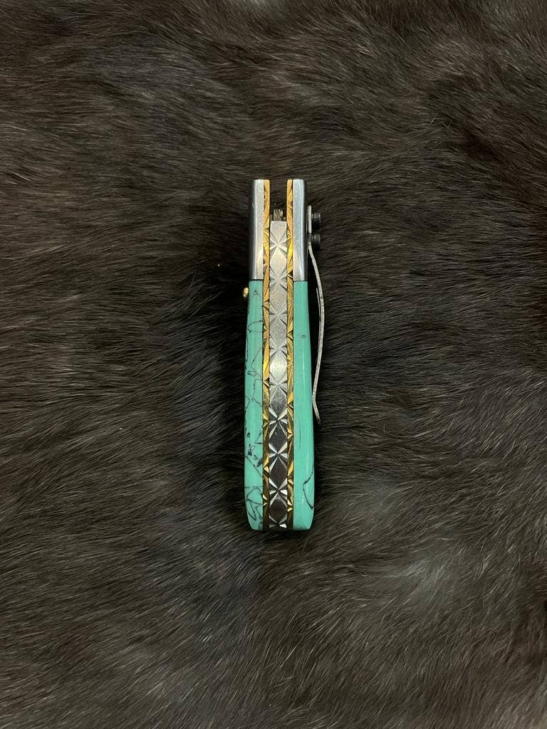 Titan International - AzureGlide Damascus Steel Turquoise (Resin) Pocket Knife - The Oddity Den
