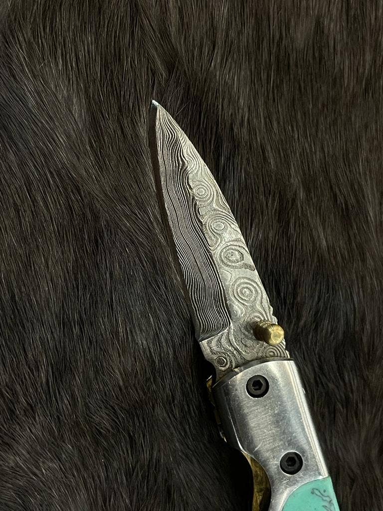 Titan International - AzureGlide Damascus Steel Turquoise (Resin) Pocket Knife - The Oddity Den