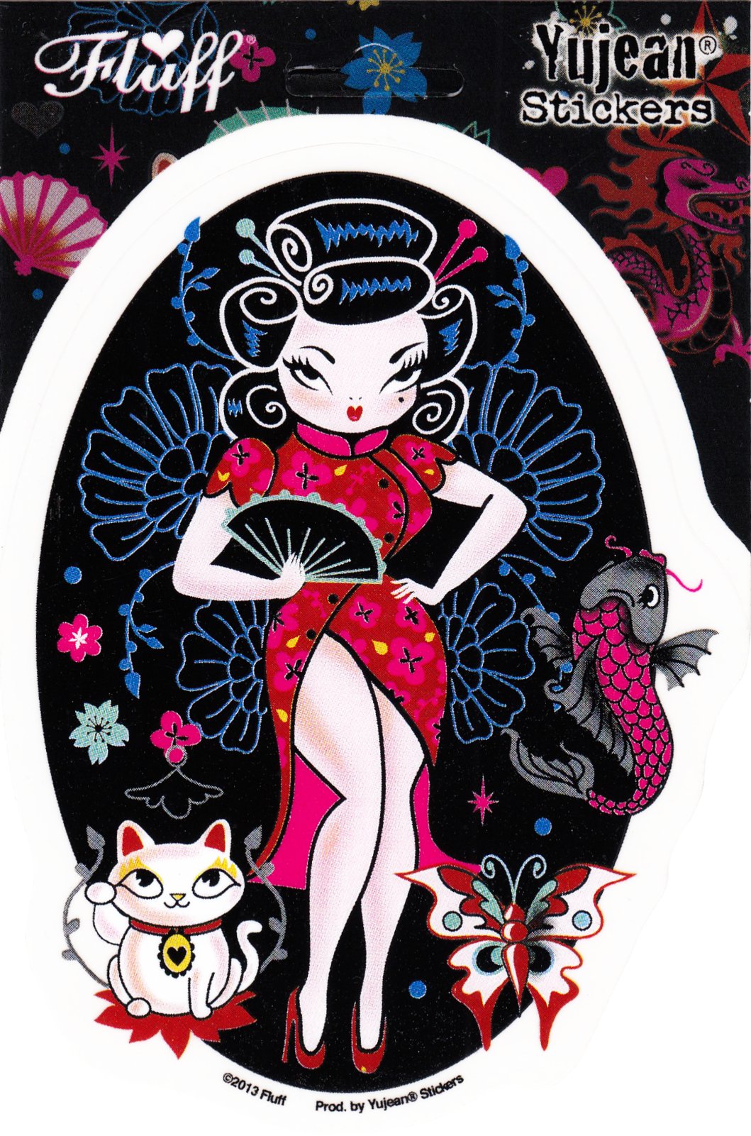 Geisha Sticker - With Koi Fish, Butterfly And Lucky Cat - The Oddity Den