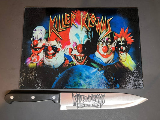 Killer Klowns From Outer Space Sublimated Glass Cutting Board With Matching Knife - The Oddity Den